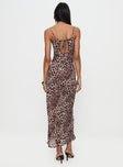 back view of model wearing Princess Polly Paolina Maxi Dress Leopard Cowl Neck 