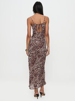 back view of model wearing Princess Polly Paolina Maxi Dress Leopard Cowl Neck 
