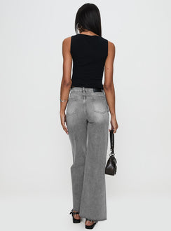 back view of model wearing Princess Polly Henesey Raw Hem Jeans Washed Grey High Waisted 