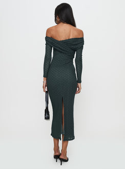 back view of model wearing Princess Polly Elexis Off The Shoulder Maxi Dress Blue V-Neck 