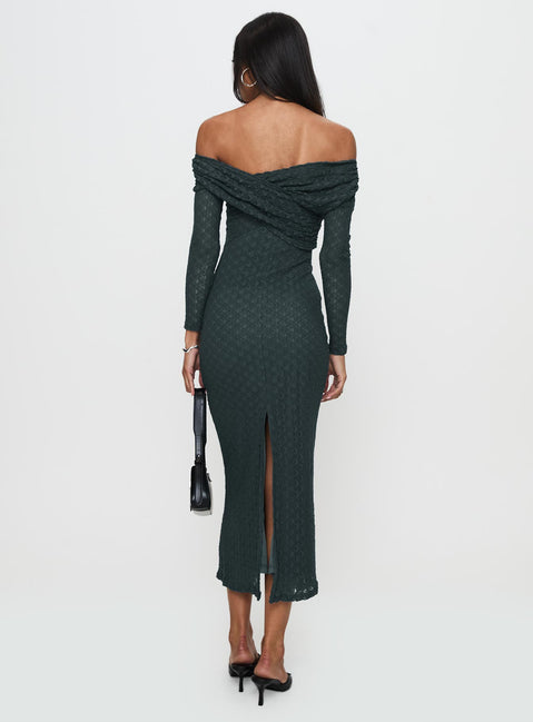 back view of model wearing Princess Polly Elexis Off The Shoulder Maxi Dress Blue V-Neck 