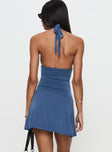 back view of model wearing Princess Polly Tinisie Halter Mini Dress Slate Blue Plunger 