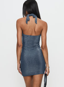 back view of model wearing Princess Polly Big Deal Halter Mini Dress Blue Glitter Cowl Neck 