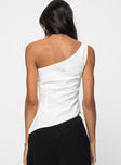 One shoulder top Fixed shoulder strap, silver-toned hardware, invisible zip fastening at side, asymmetric hem