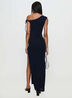 back view of model wearing Princess Polly Paislee Asymmetrical Maxi Dress Navy Asymmetric Neckline 