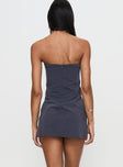 back view of model wearing Princess Polly Langdon Strapless Mini Dress Charcoal Straight Neck 