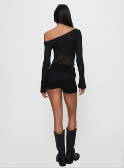 back view of model wearing Princess Polly Tiberius Lace Asymmetrical Long Sleeve Top Black Full Sleeves Asymmetric Neckline 