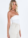 side view of model wearing Princess Polly Makena Strapless Bodysuit White Tall Low Impact Sleeveless straight 