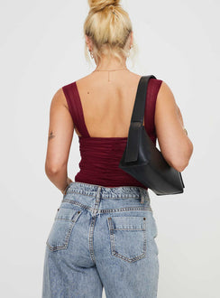 back view of model wearing Princess Polly Kalmia Bodysuit Burgundy Sleeveless Sweetheart 