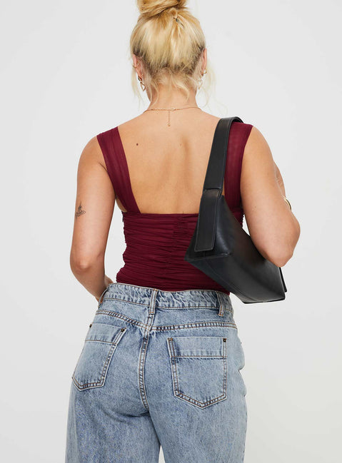 back view of model wearing Princess Polly Kalmia Bodysuit Burgundy Sleeveless Sweetheart 