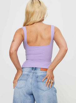 back view of model wearing Princess Polly Rehna Top Lilac Sleeveless Sweetheart 