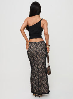 back view of model wearing Princess Polly Lourenzia Lace Maxi Skirt Black / Nude Maxi 