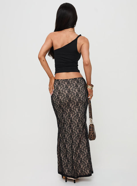 back view of model wearing Princess Polly Lourenzia Lace Maxi Skirt Black / Nude Maxi 