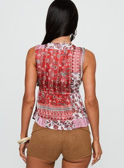 back view of model wearing Princess Polly Lovely Bunch Top Multi Sleeveless Plunger 