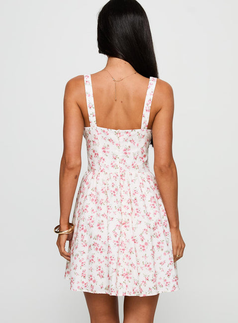 back view of model wearing Princess Polly Graciella Mini Dress Multi / Floral Square Neck 