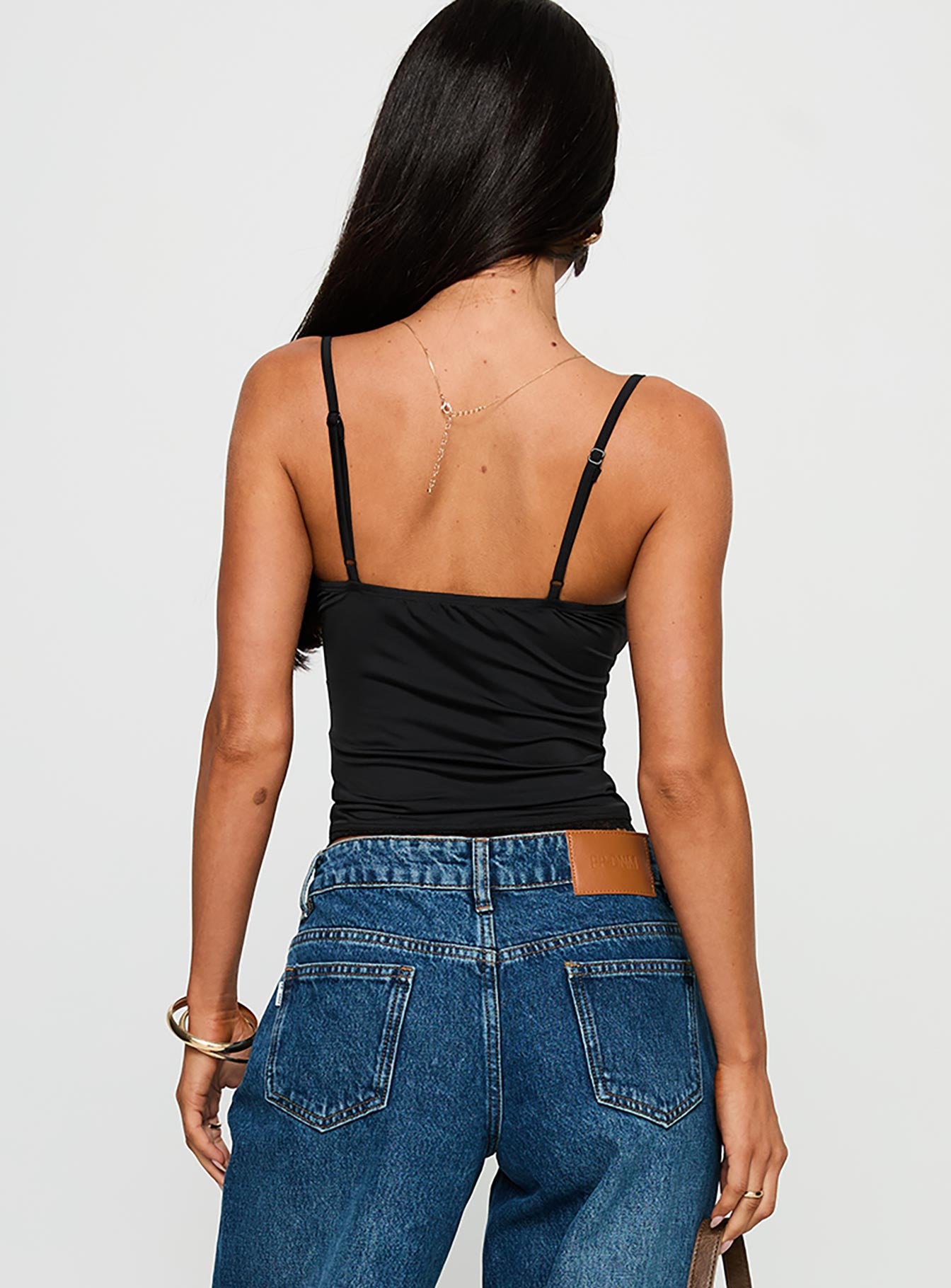 back view of model wearing Princess Polly One More Chance Lace Trim Top Black Sleeveless Sweetheart 