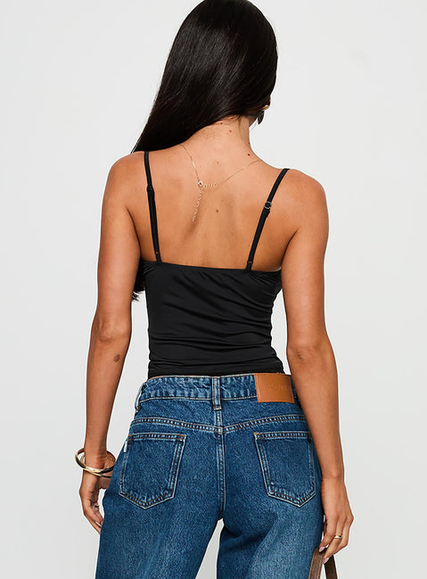 back view of model wearing Princess Polly One More Chance Lace Trim Top Black Sleeveless Sweetheart 