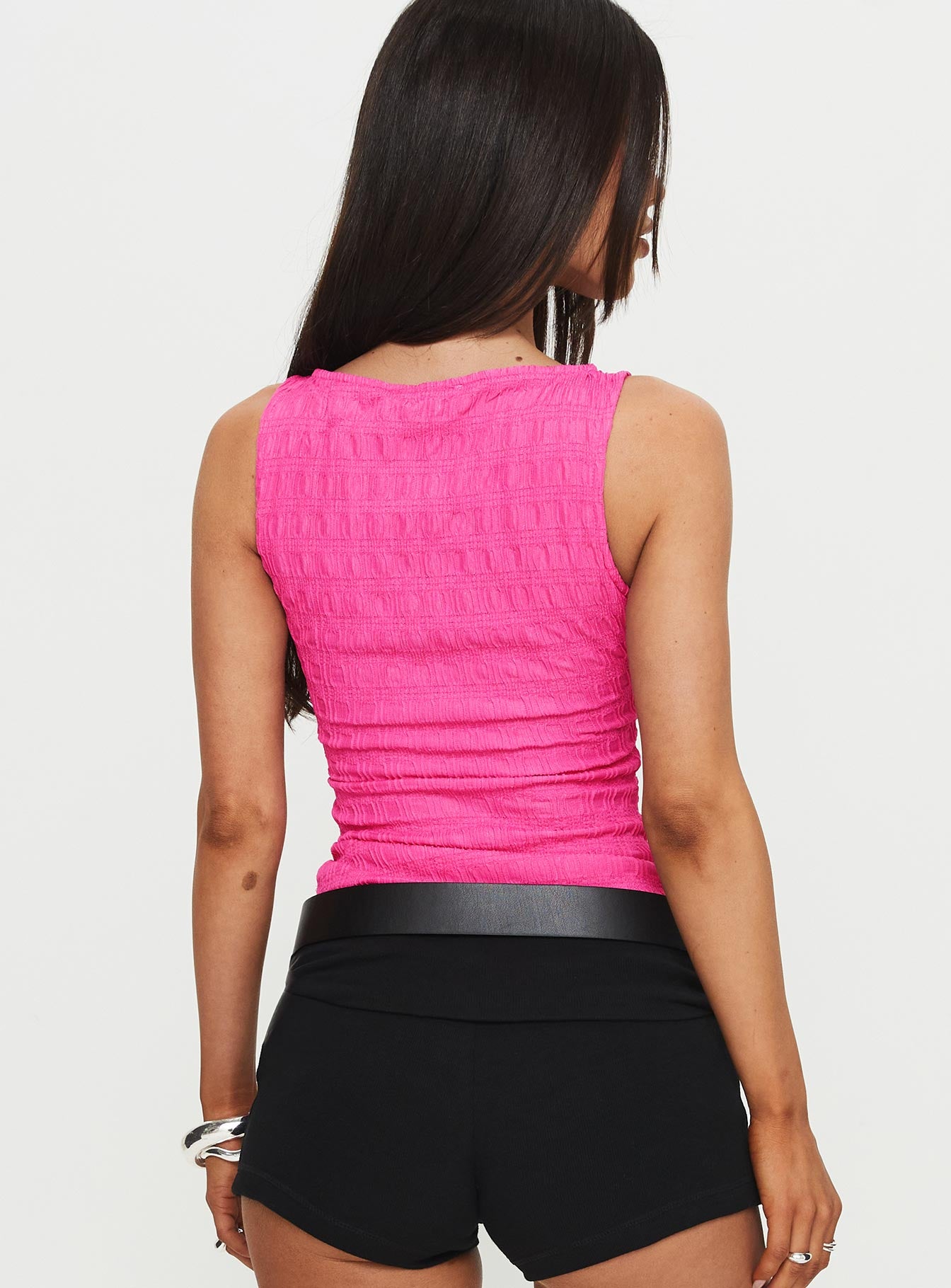 back view of model wearing Princess Polly Veneza Top Pink Sleeveless Scoop Neck 