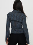 back view of model wearing Princess Polly Theroux Long Sleeve Top Navy Pinstripe Full Sleeves High Neck 