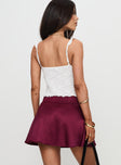 back view of model wearing Princess Polly For Me Mini Skirt Burgundy Mini Skirts 