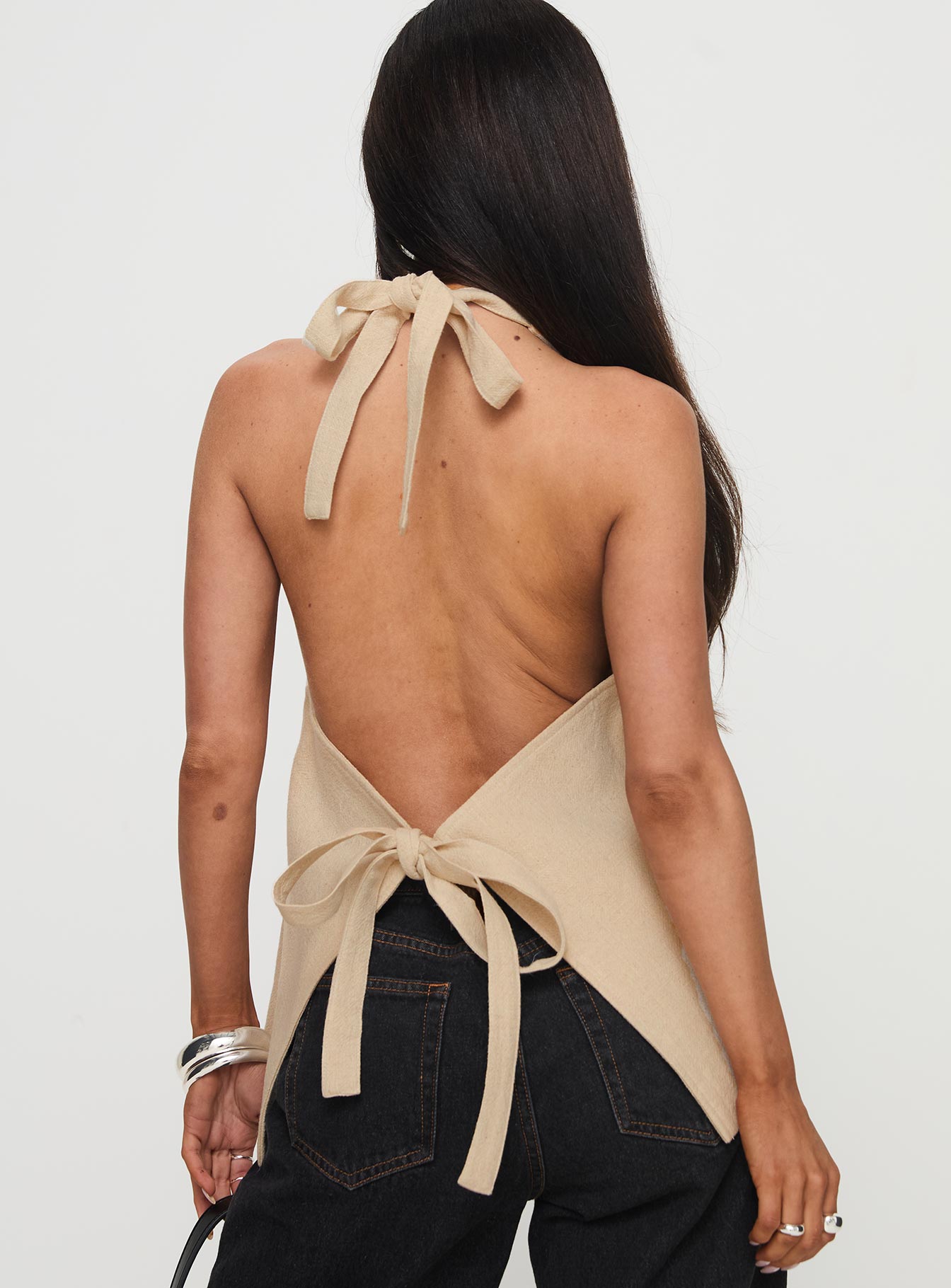 back view of model wearing Princess Polly Hills Halter Oatmeal Sleeveless V-Neck 