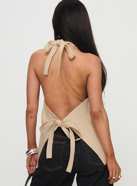 back view of model wearing Princess Polly Hills Halter Oatmeal Sleeveless V-Neck 