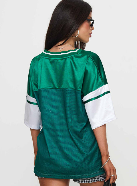 back view of model wearing Princess Polly Kronwall Sports Jersey Top Green / White Three Fourth Sleeves V-Neck 