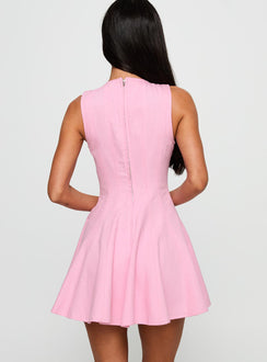 back view of model wearing Princess Polly Precedence Keyhole Mini Dress Pink Crew Neck 