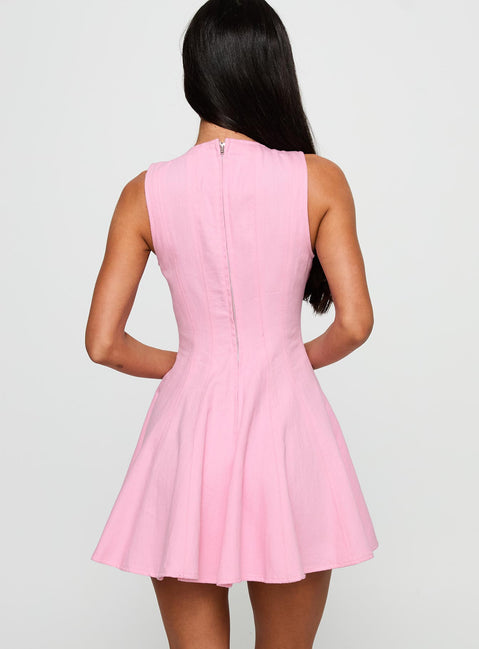 back view of model wearing Princess Polly Precedence Keyhole Mini Dress Pink Crew Neck 