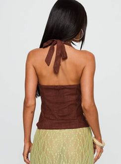 back view of model wearing Princess Polly Movie Stars Faux Suede Halter Top Brown Sleeveless Plunger 