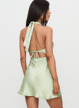 back view of model wearing Princess Polly Mysteria Halter Mini Dress Green Plunger 