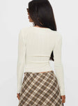 back view of model wearing Princess Polly Rylin Long Sleeve Top Cream Full Sleeves Crew Neck 