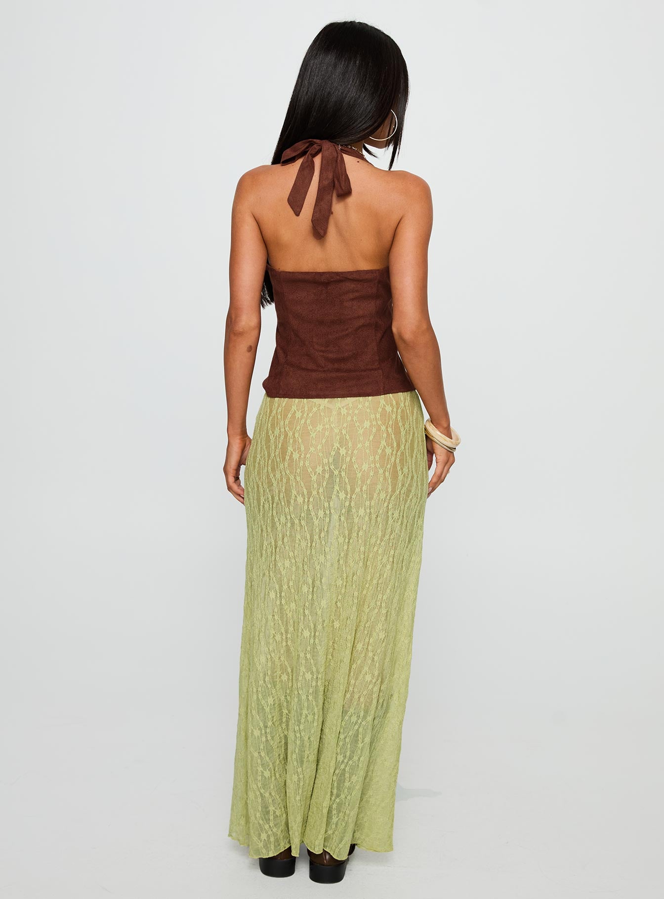 back view of model wearing Princess Polly Pura Vida Lace Maxi Skirt Sage Maxi 