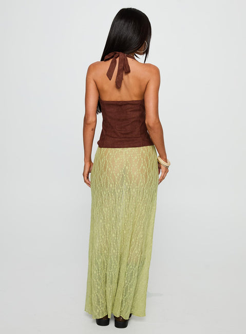 back view of model wearing Princess Polly Pura Vida Lace Maxi Skirt Sage Maxi 