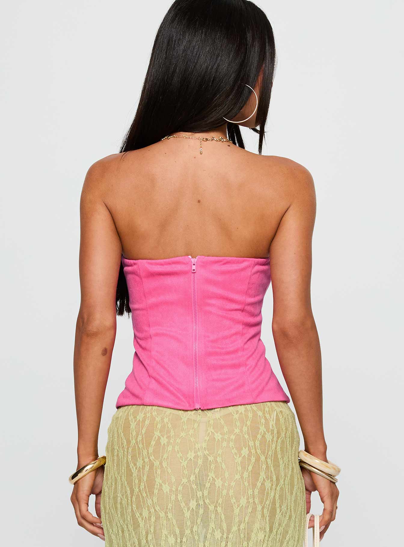 back view of model wearing Princess Polly Plotline Strapless Top Pink Sleeveless straight 
