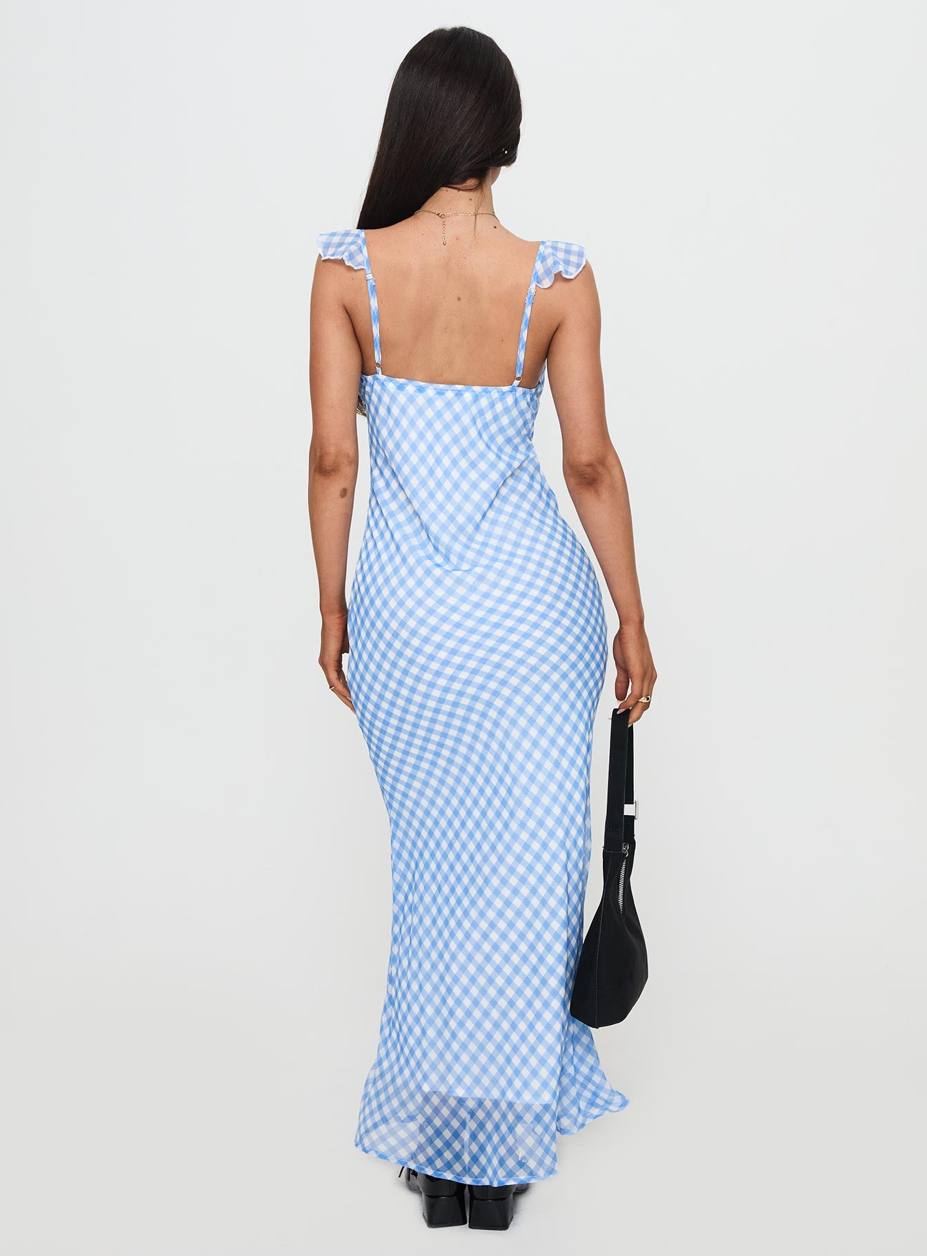 back view of model wearing Princess Polly Brigette Maxi Dress Blue Gingham Plunger 
