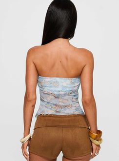 back view of model wearing Princess Polly Sublimity Strapless Top Blue Multi Sleeveless Cowl 