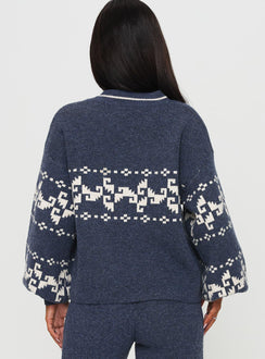 back view of model wearing Princess Polly Alpine Sweater Navy / Cream Cropped Jumpers 