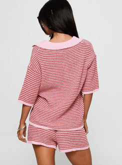back view of model wearing Princess Polly Veloria Collared Top Pink Stripe Half Sleeves V-Neck 