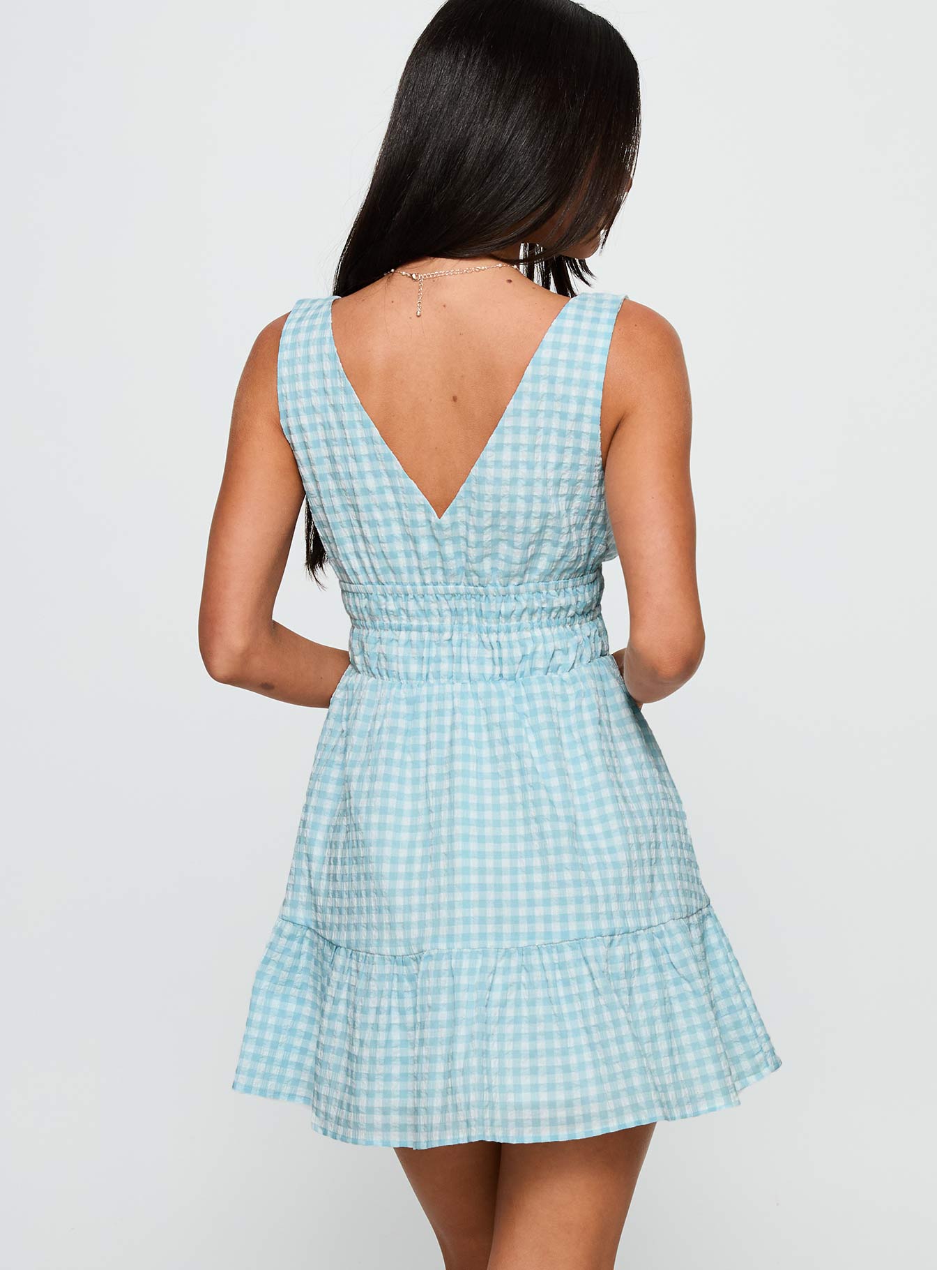 back view of model wearing Princess Polly Ismena Plunge Mini Dress Blue Check Plunger 