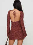 back view of model wearing Princess Polly Primrosa Long Sleeve Mini Dress Burgundy High Neck 