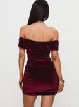 back view of model wearing Princess Polly Regency Strapless Velvet Mini Dress Burgundy Straight Neck 