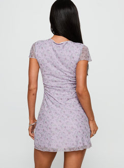 back view of model wearing Princess Polly Bopeep Mini Dress Lilac Plunger 