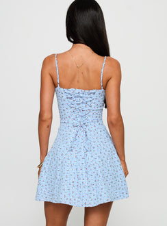 back view of model wearing Princess Polly Good Chemistry Mini Dress Blue Multi Sweetheart Neckline 