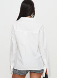 back view of model wearing Princess Polly Calistoga Deep Collar Shirt Ivory Full Sleeves Plunger 