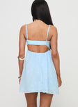 back view of model wearing Princess Polly Granno Mini Dress Light Blue Tall Sweetheart Neckline 