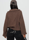 back view of model wearing Princess Polly Hertford Zip Through Knit Sweater Brown 