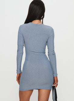 back view of model wearing Princess Polly Absynth Long Sleeve Mini Dress Blue Crew Neck 