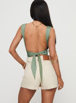 back view of model wearing Princess Polly Heuston Denim Skort Cream High Waisted Shorts 