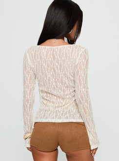 back view of model wearing Princess Polly Open Your Heart Tie Detail Long Sleeve Top Cream Full Sleeves Scoop Neck 
